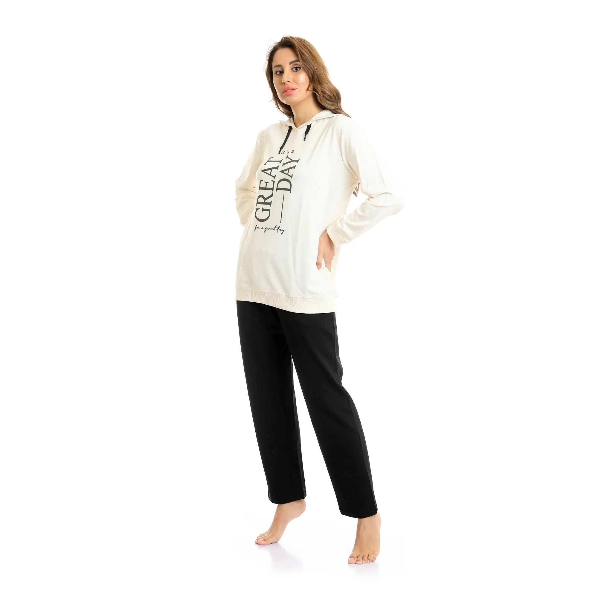 Women Long Hoodie Printed "Great Day" & Pants Pajama Set - Off-White & Black