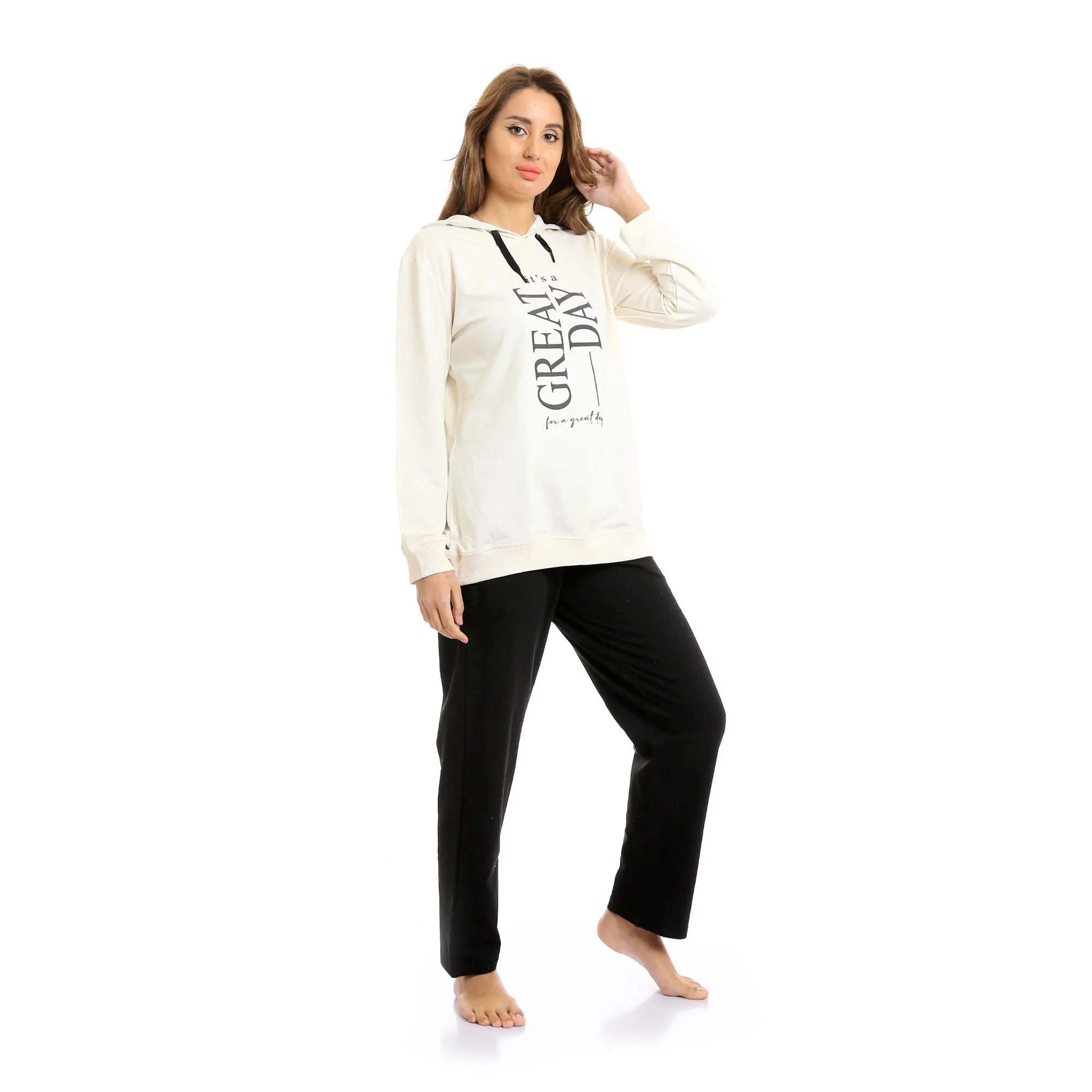 Women Long Hoodie Printed "Great Day" & Pants Pajama Set - Off-White & Black