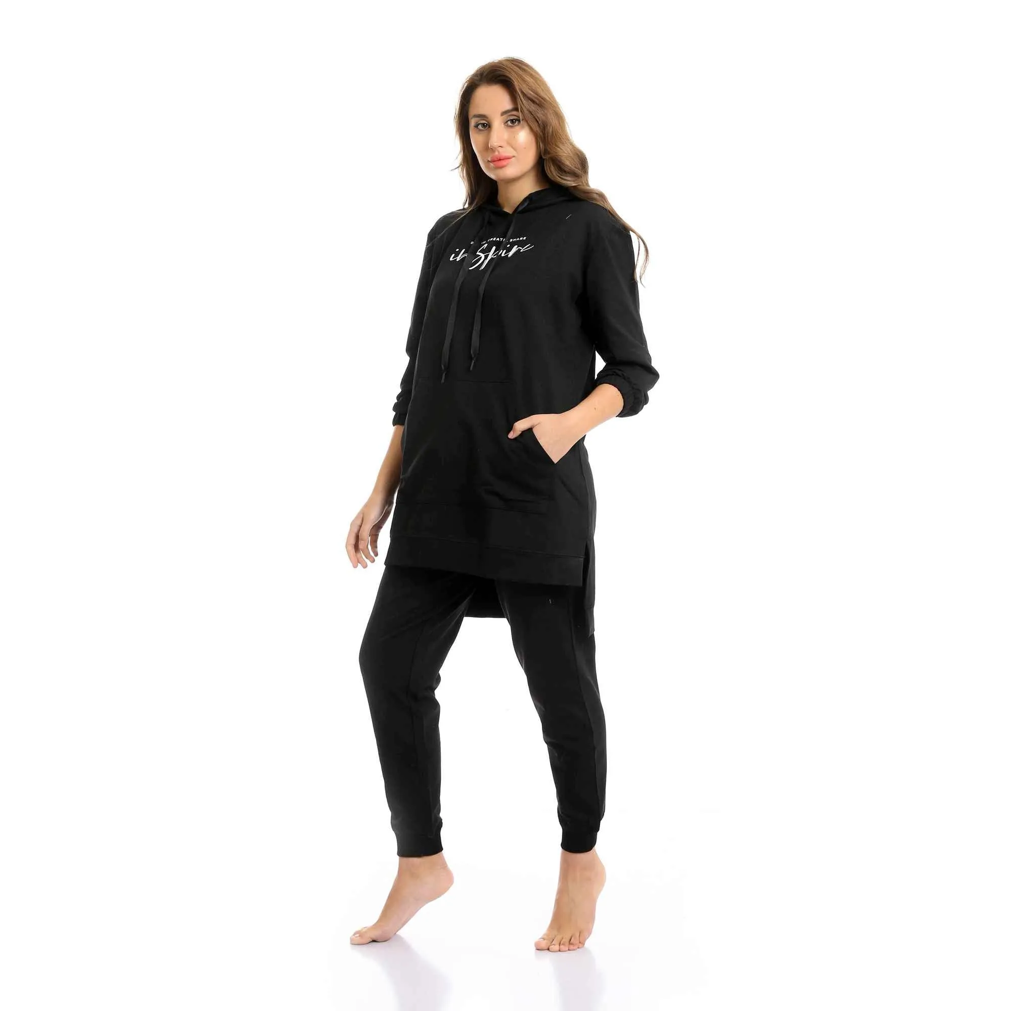 Women Long Hoodie With Kangaroo Pocket & Cotton Pants Pajama Set - Black