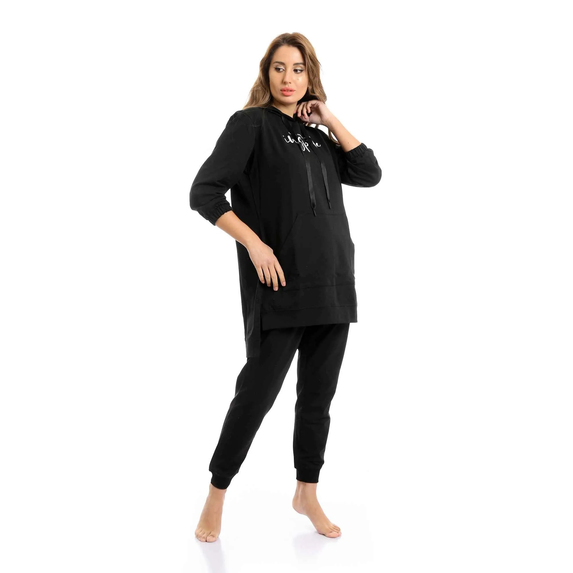 Women Long Hoodie With Kangaroo Pocket & Cotton Pants Pajama Set - Black