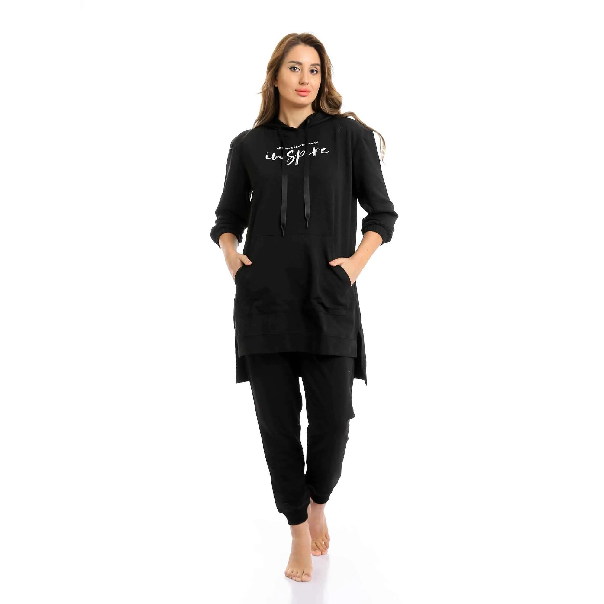 Women Long Hoodie With Kangaroo Pocket & Cotton Pants Pajama Set - Black