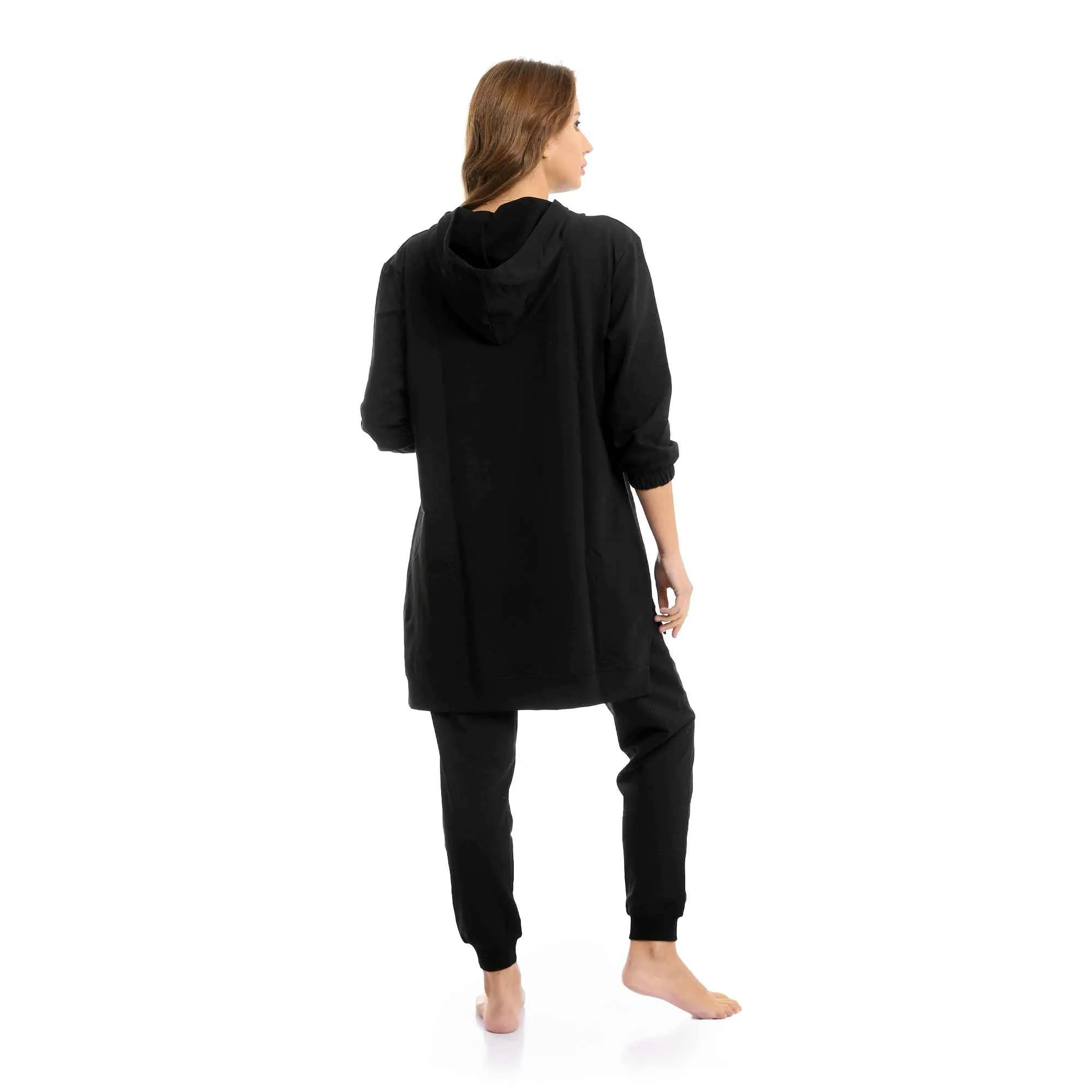 Women Long Hoodie With Kangaroo Pocket & Cotton Pants Pajama Set - Black