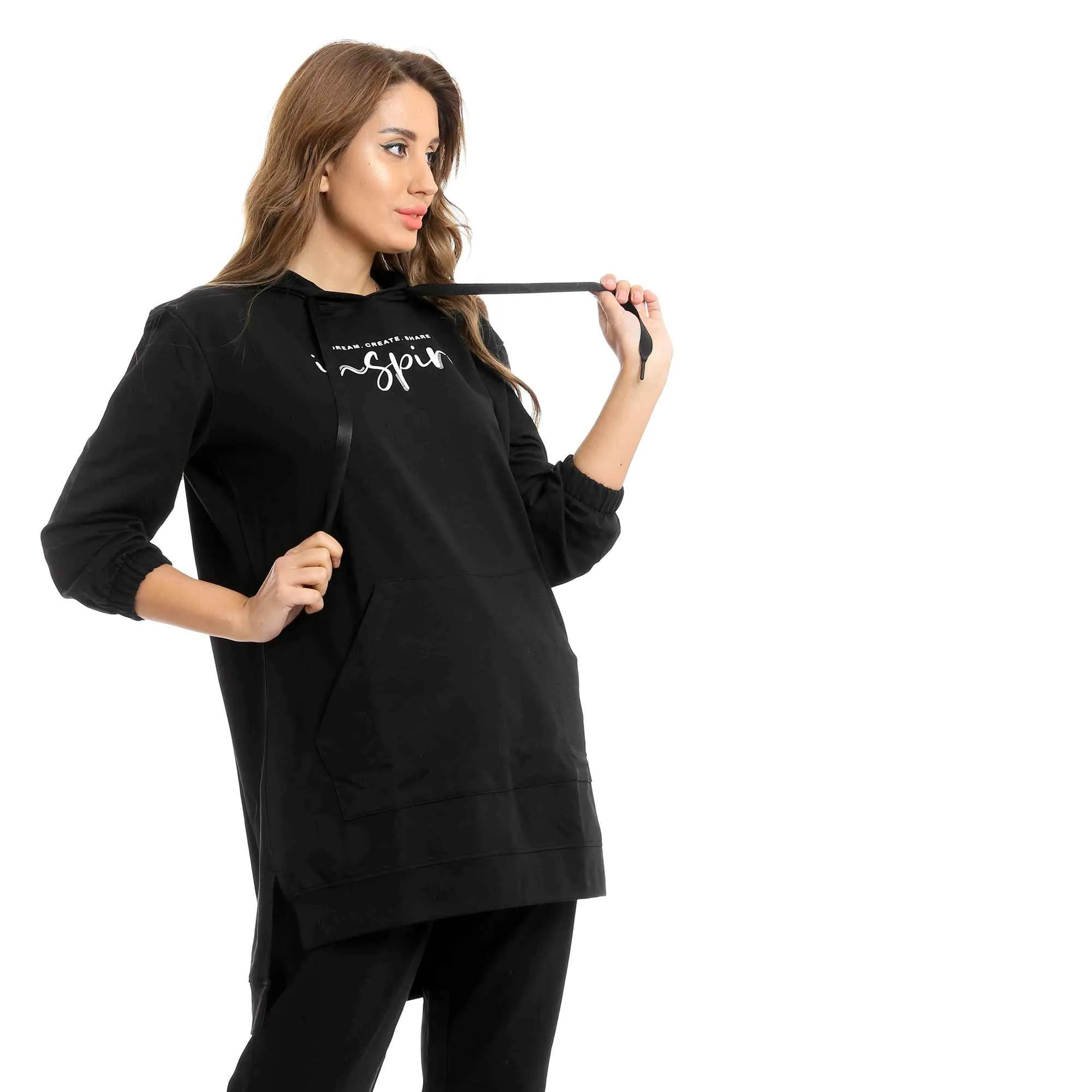 Women Long Hoodie With Kangaroo Pocket & Cotton Pants Pajama Set - Black