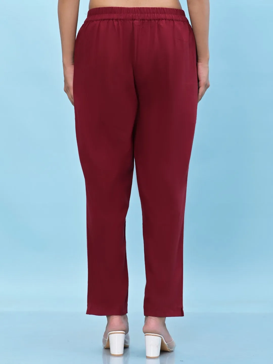 Women Maroon Solid Cotton Pants With Partially Elasticated Waistband And Two Side Pockets