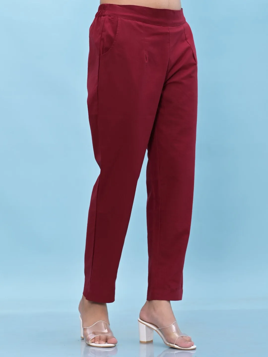 Women Maroon Solid Cotton Pants With Partially Elasticated Waistband And Two Side Pockets