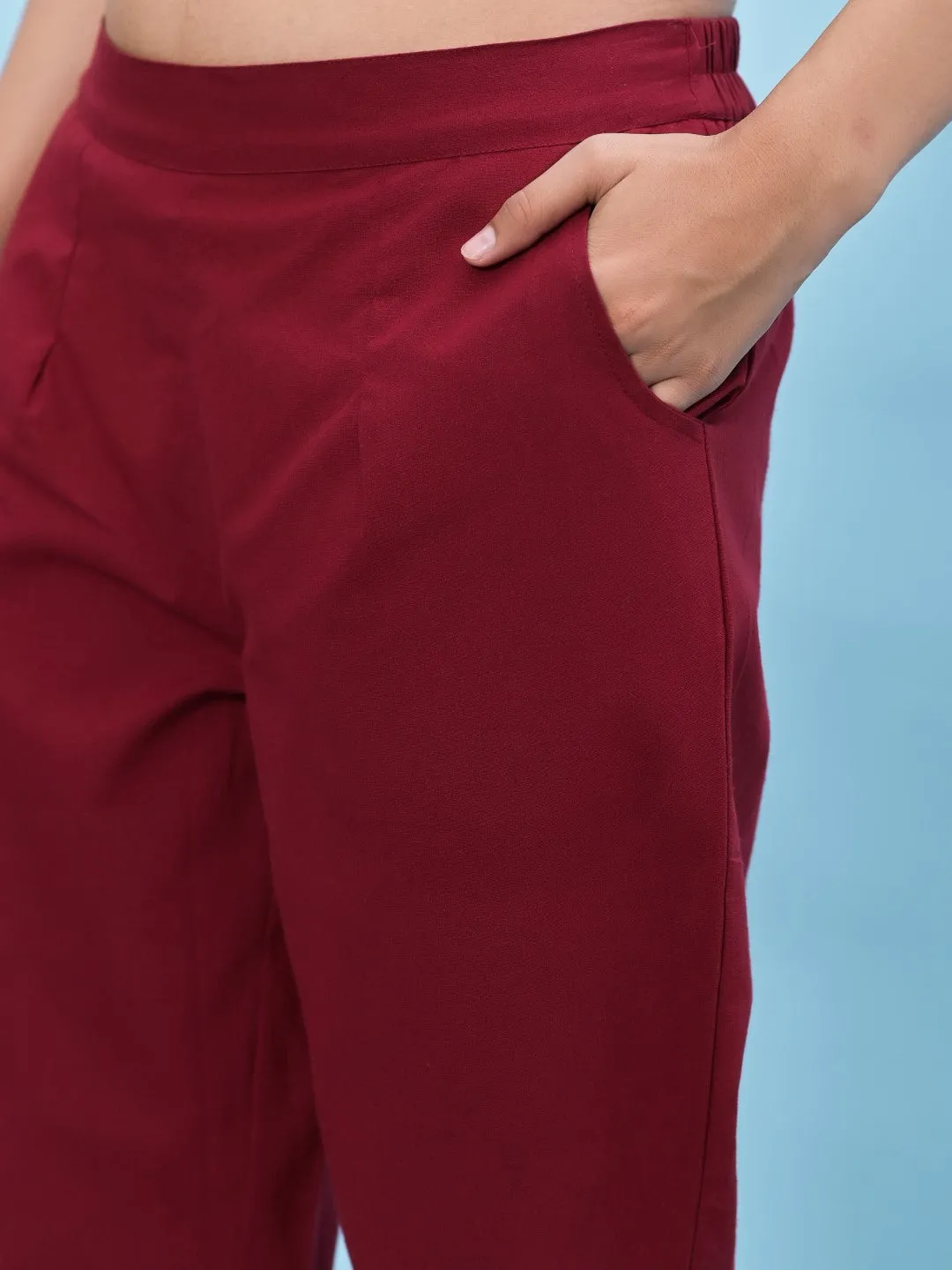 Women Maroon Solid Cotton Pants With Partially Elasticated Waistband And Two Side Pockets