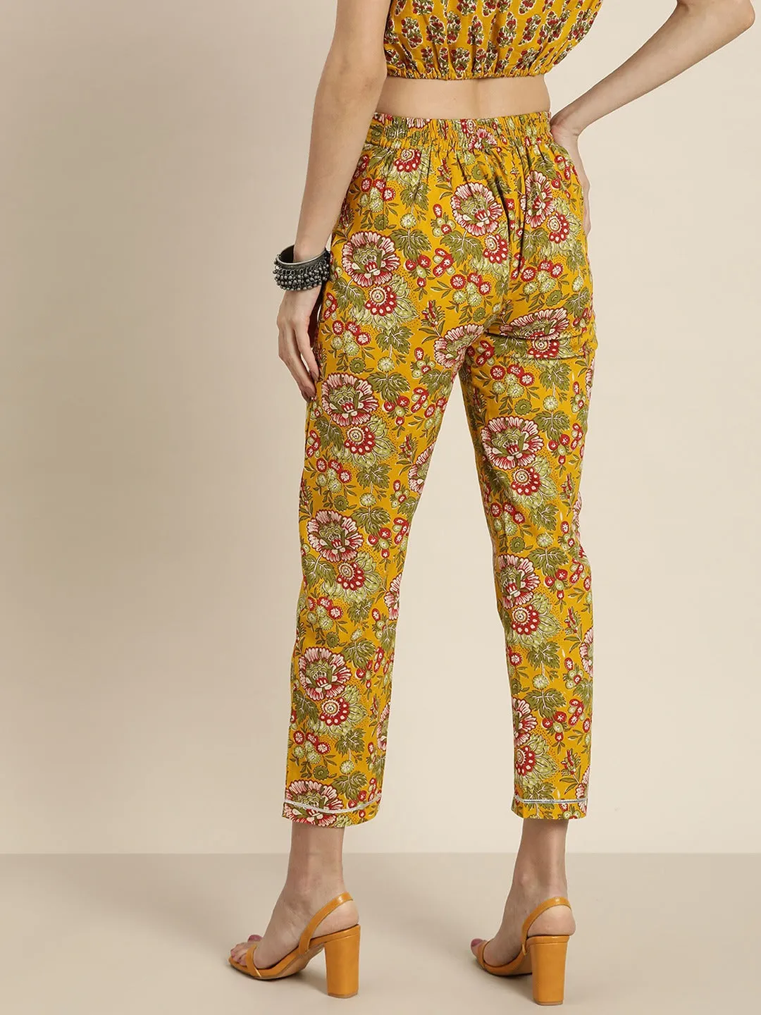 Women Mustard Big Floral Pencil Pants