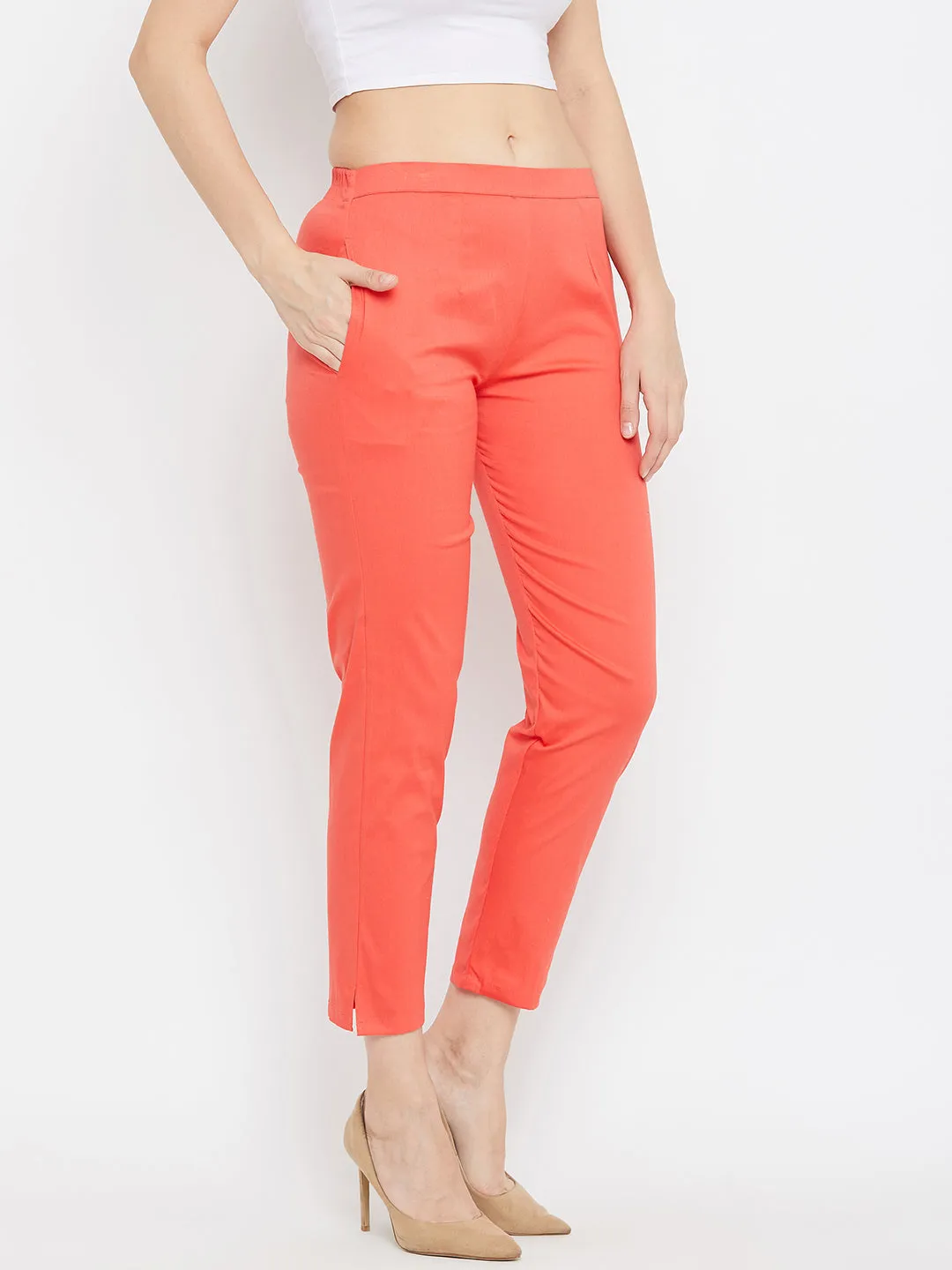 Women Peach Regular Fit Solid Pants