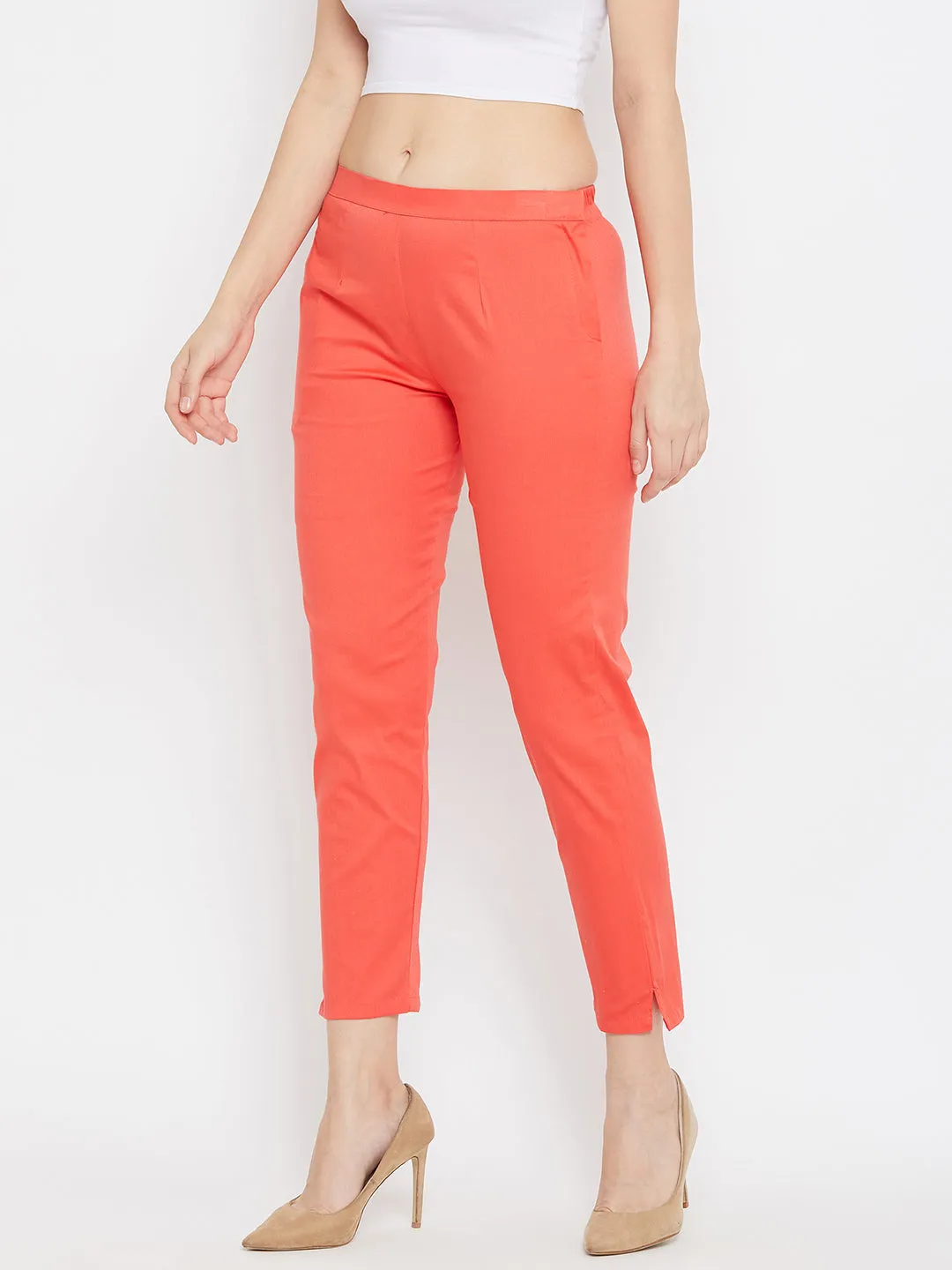 Women Peach Regular Fit Solid Pants