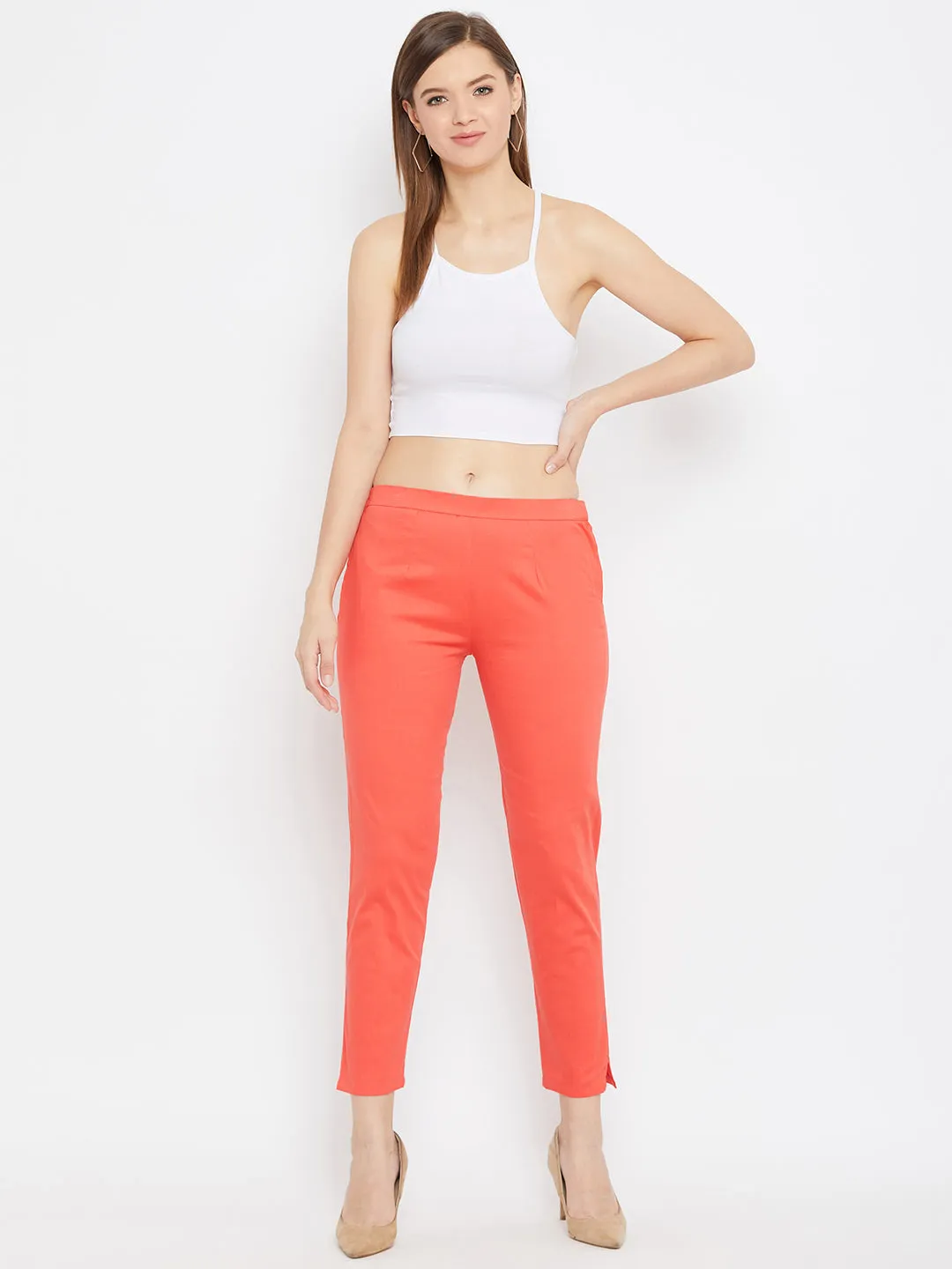 Women Peach Regular Fit Solid Pants