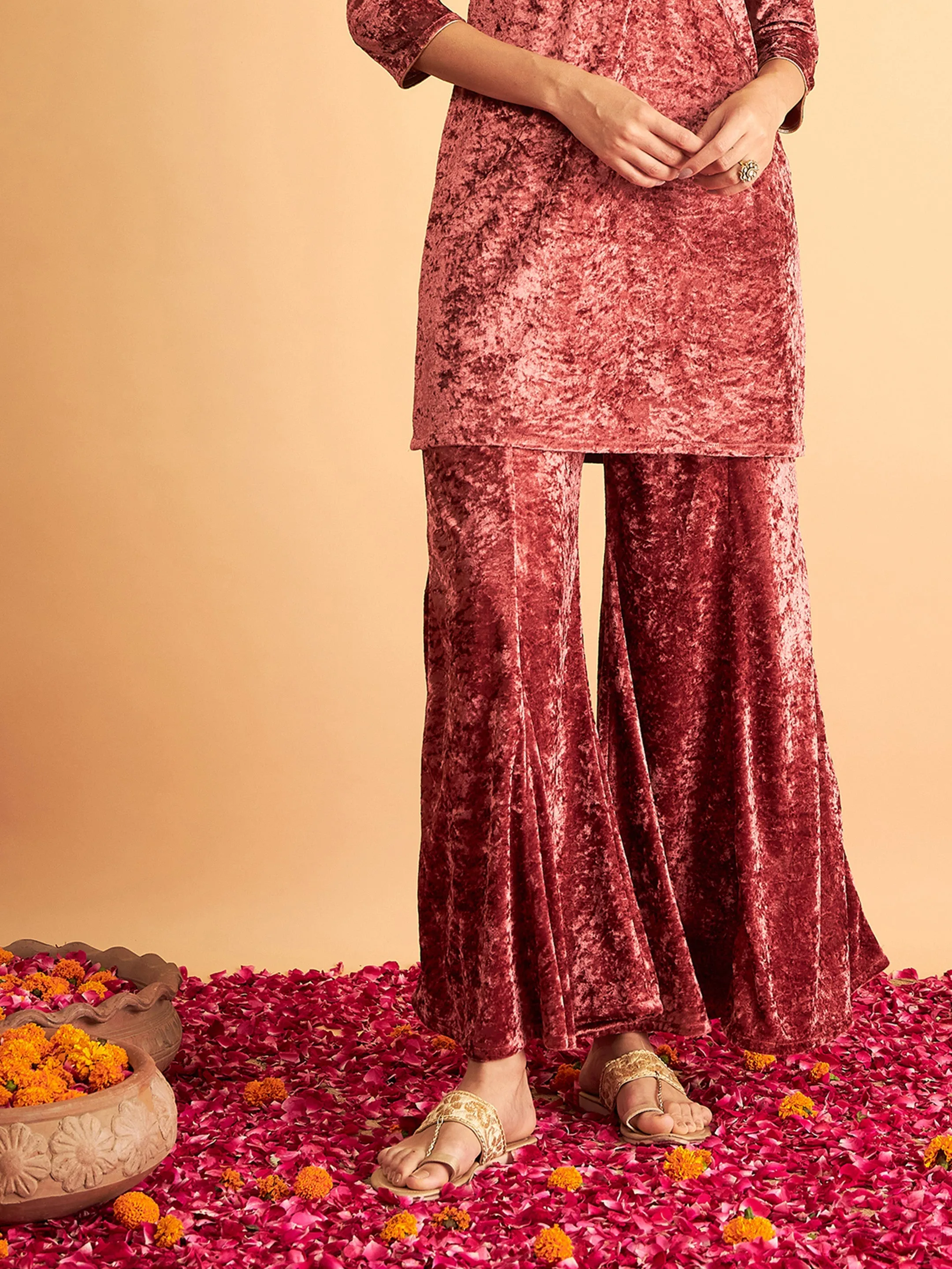 Women Pink Velvet Palazzo Pants