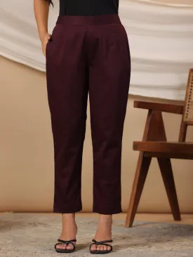 Women Plum Cotton Lycra Solid Pant