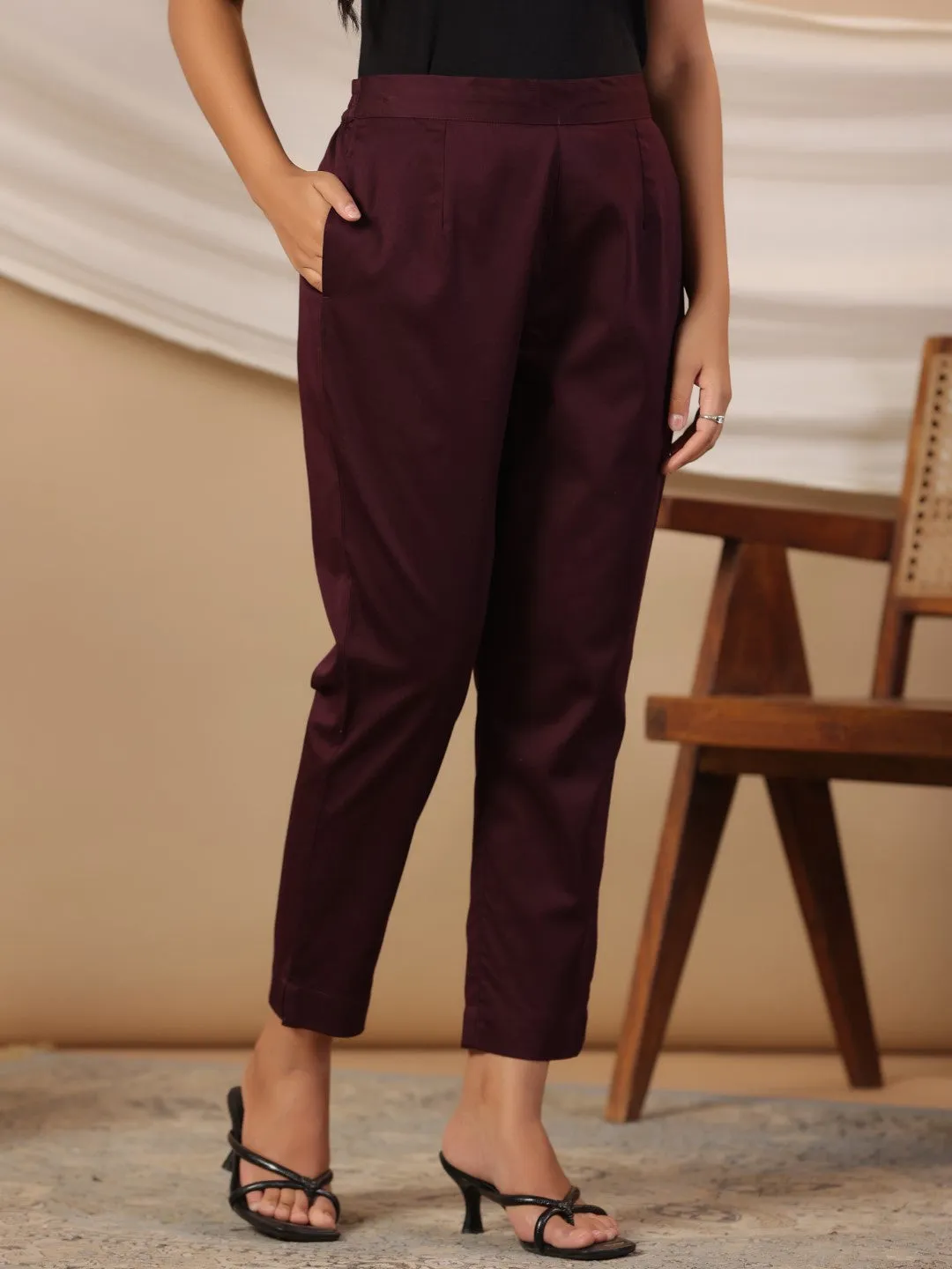 Women Plum Cotton Lycra Solid Pant