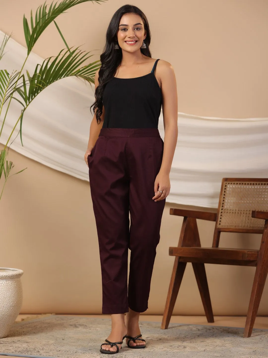 Women Plum Cotton Lycra Solid Pant