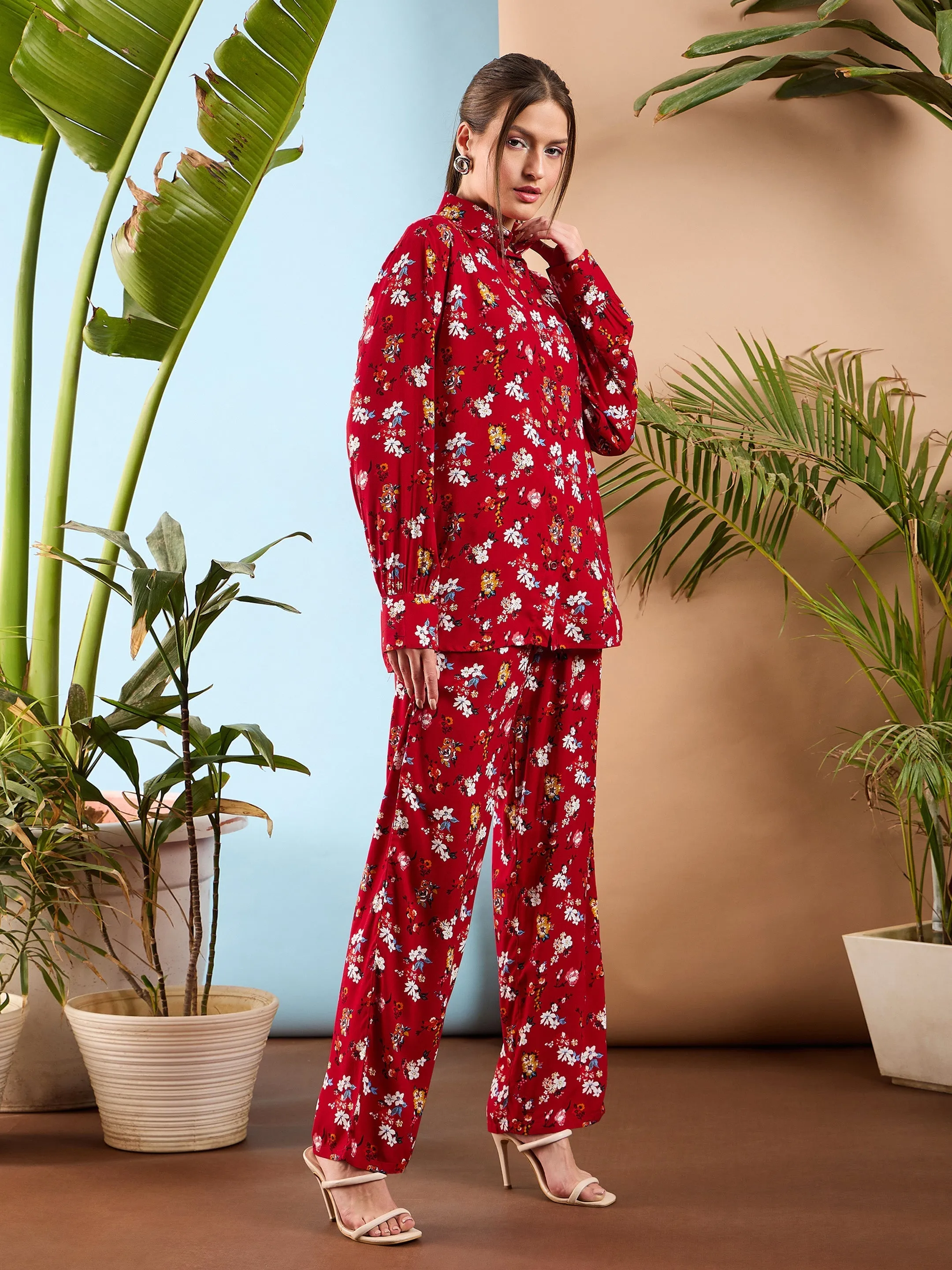 Women Red Floral Oversize Shirt With Straight Pants