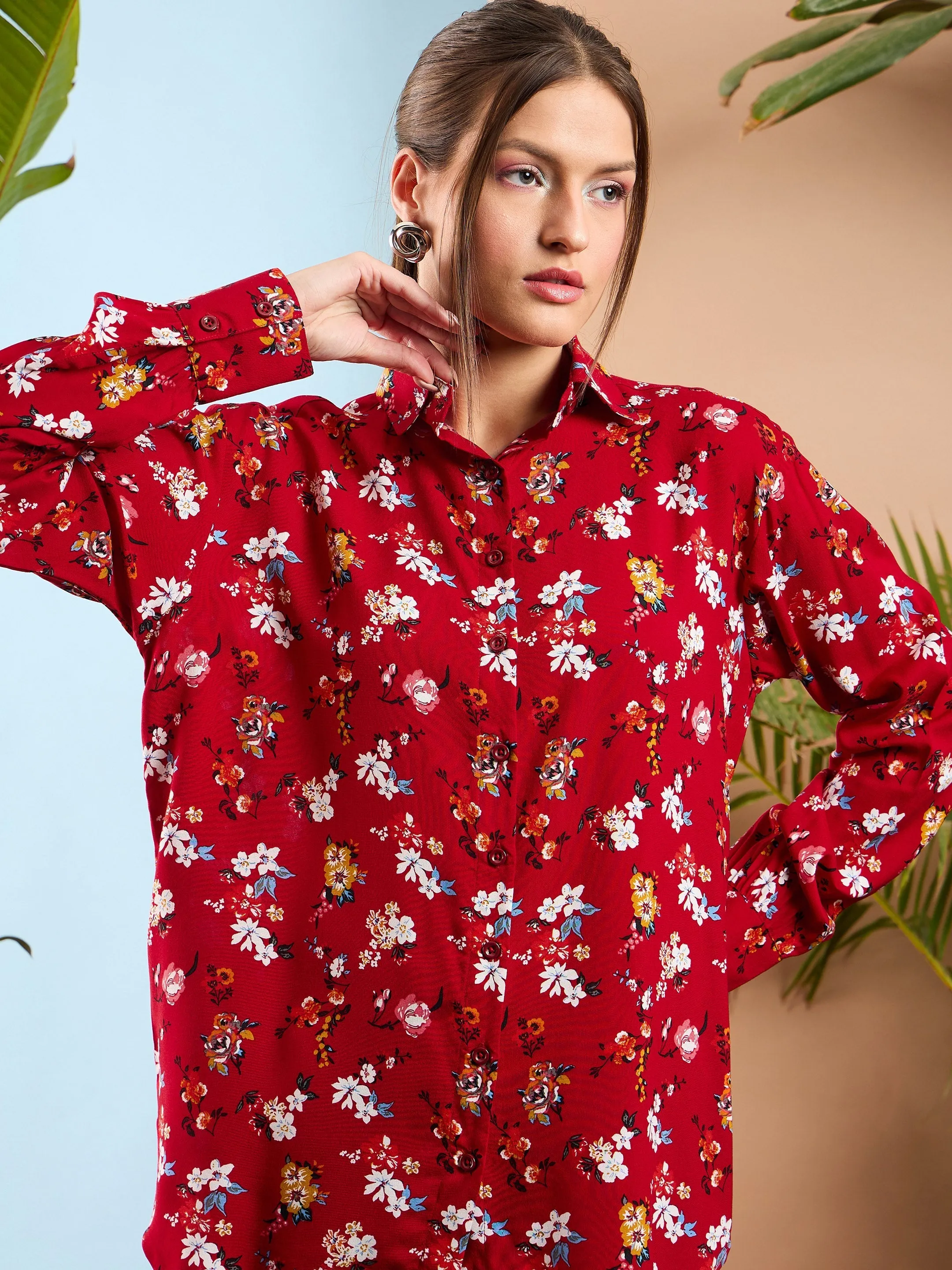 Women Red Floral Oversize Shirt With Straight Pants