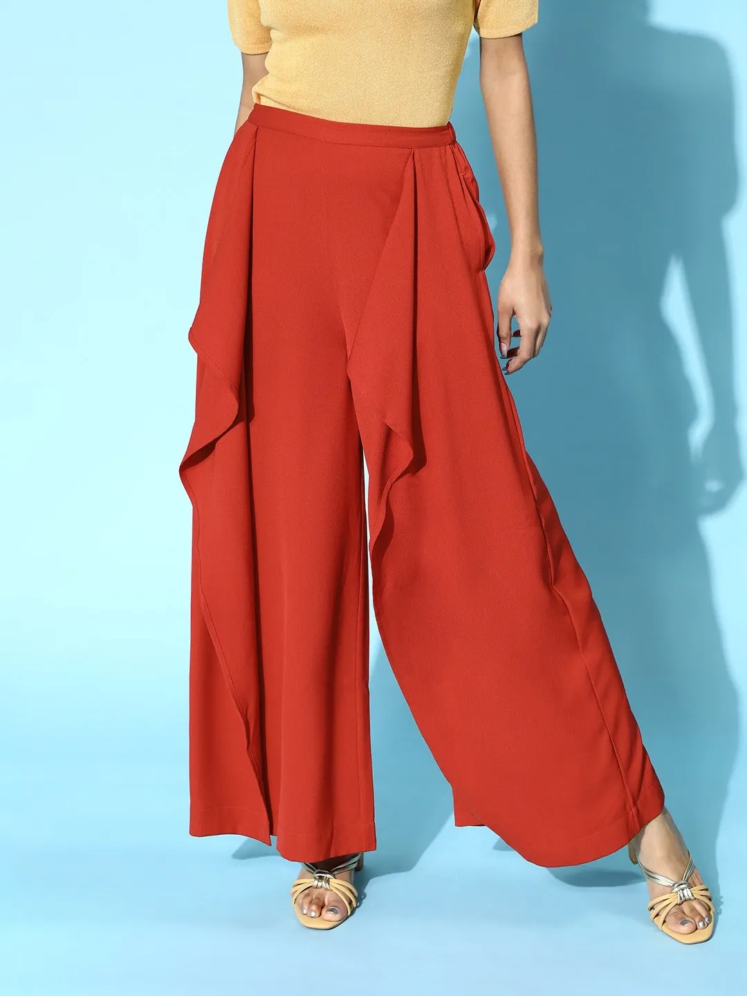 Women Rust Front Frill Pants