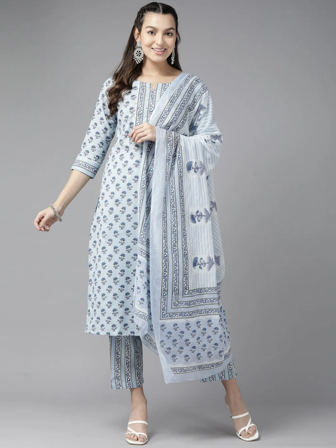 Women Sky Blue Pure Cotton Kurta Set With Dupatta