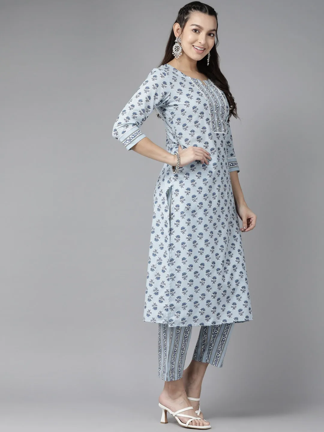 Women Sky Blue Pure Cotton Kurta Set With Dupatta