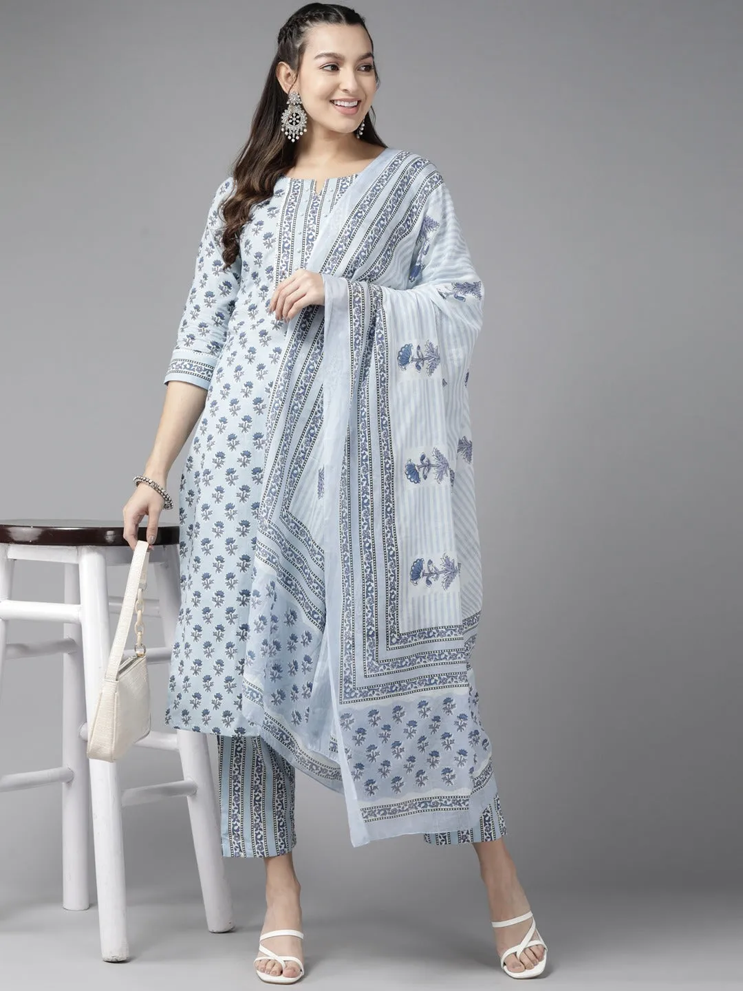 Women Sky Blue Pure Cotton Kurta Set With Dupatta