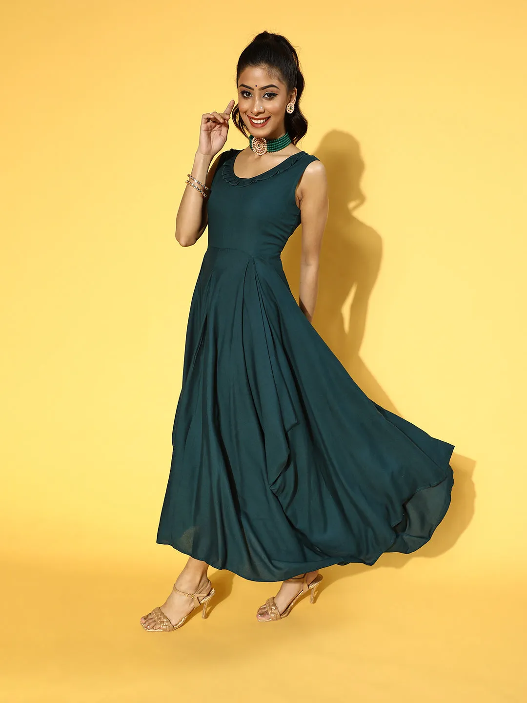 Women Teal Green Solid Viscose Rayon Liva Maxi Dress