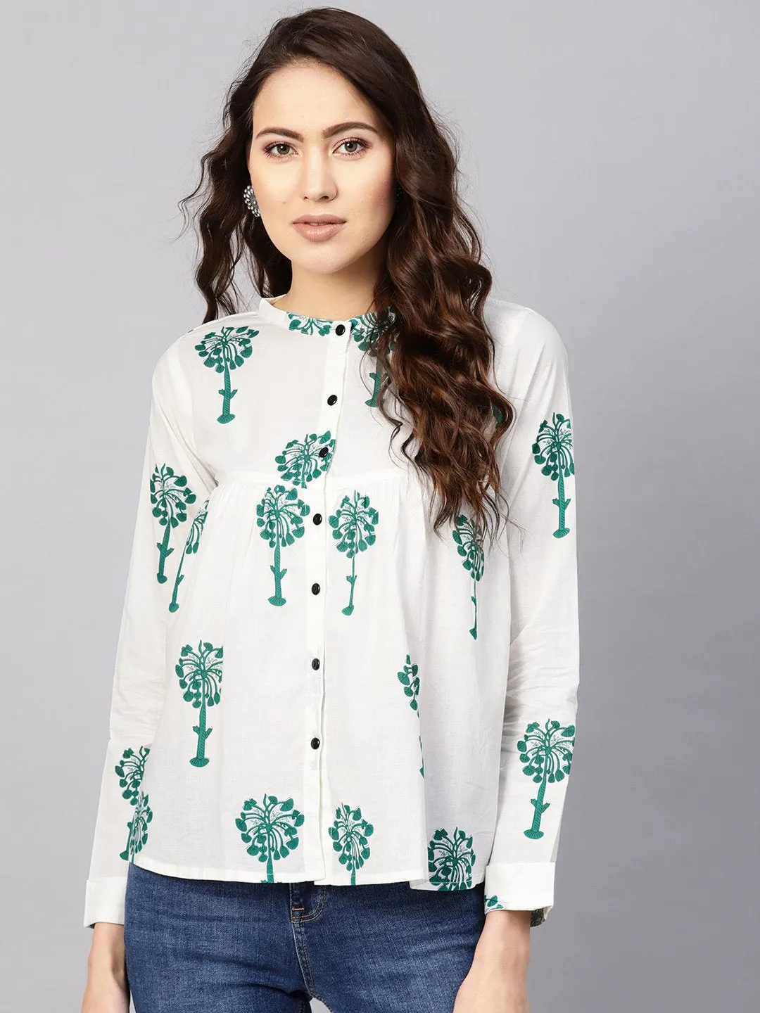 Women White & Green Printed Shirt Style Top