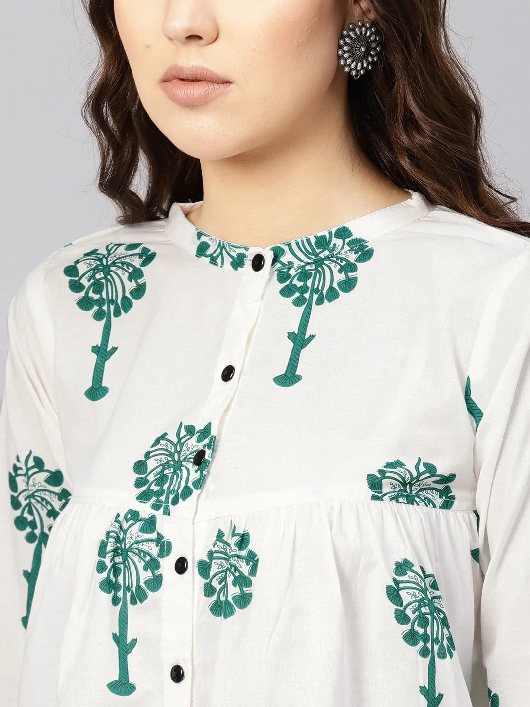 Women White & Green Printed Shirt Style Top