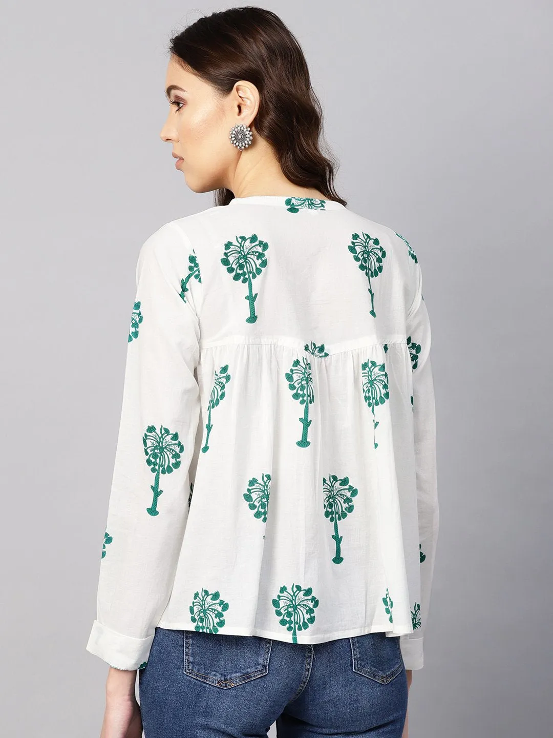 Women White & Green Printed Shirt Style Top