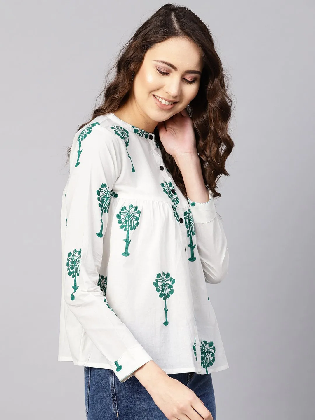 Women White & Green Printed Shirt Style Top