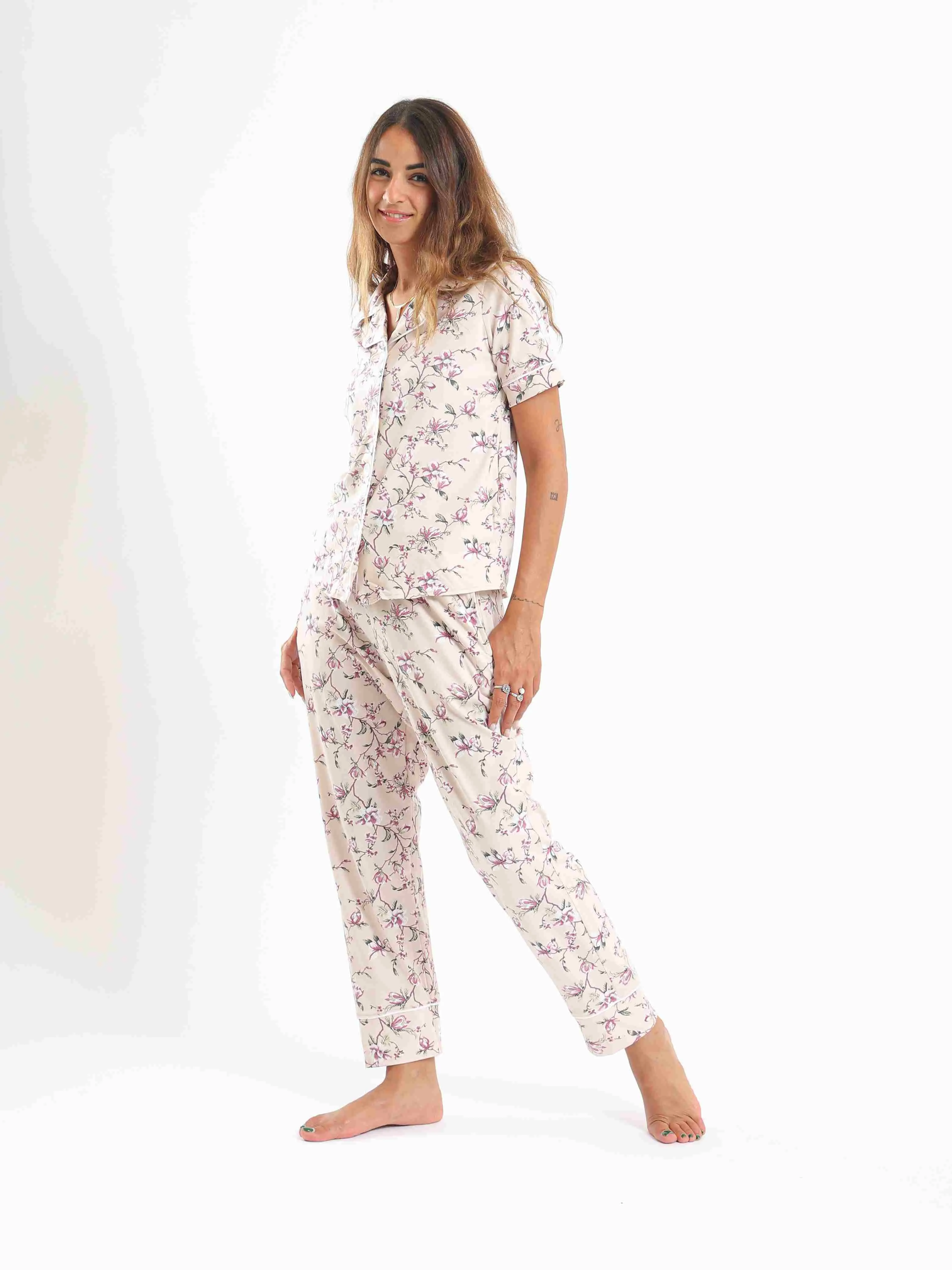 Women's Classic Collar Floral Short Sleeves Pajama Set - Rose & Purple