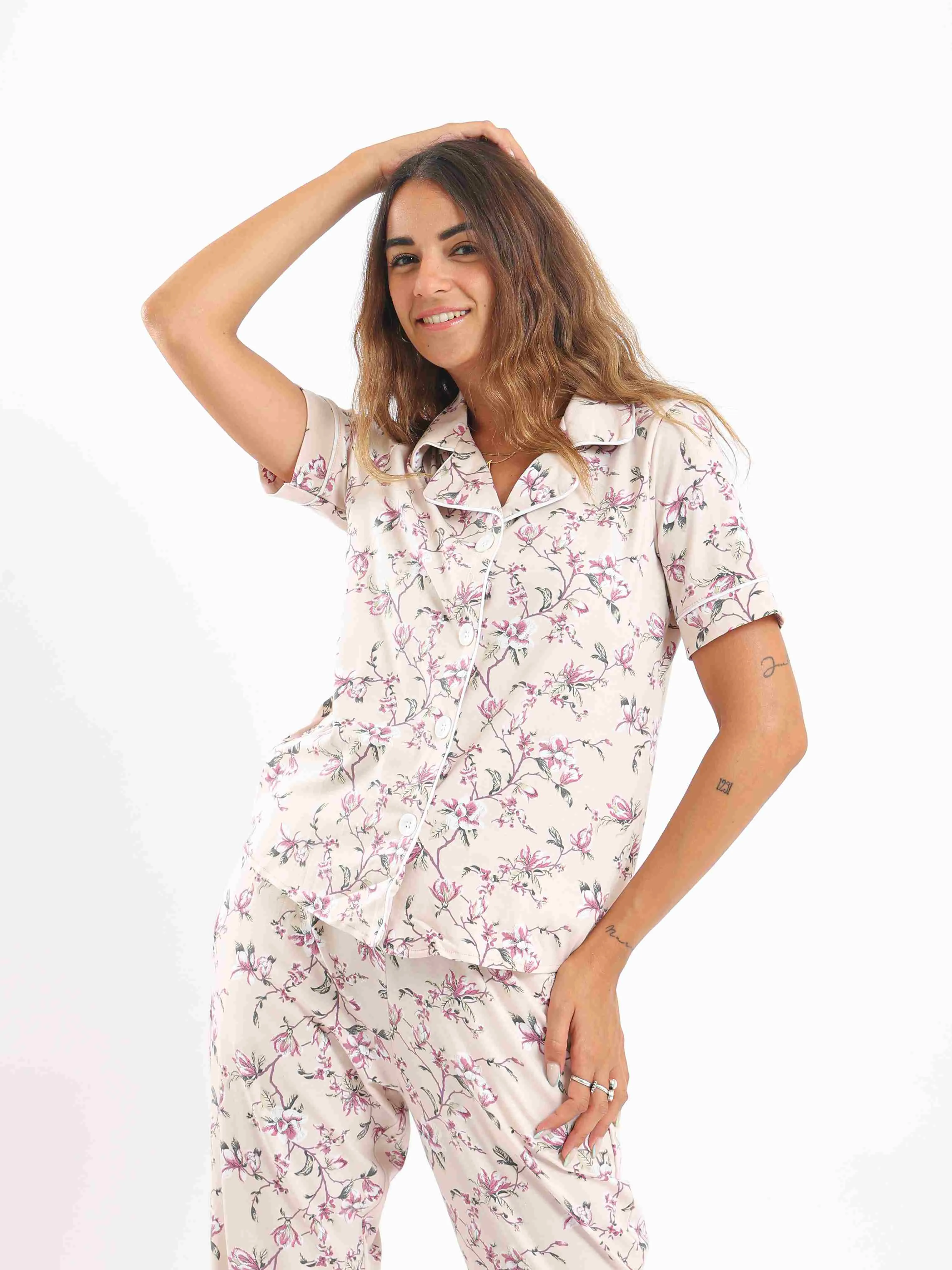 Women's Classic Collar Floral Short Sleeves Pajama Set - Rose & Purple