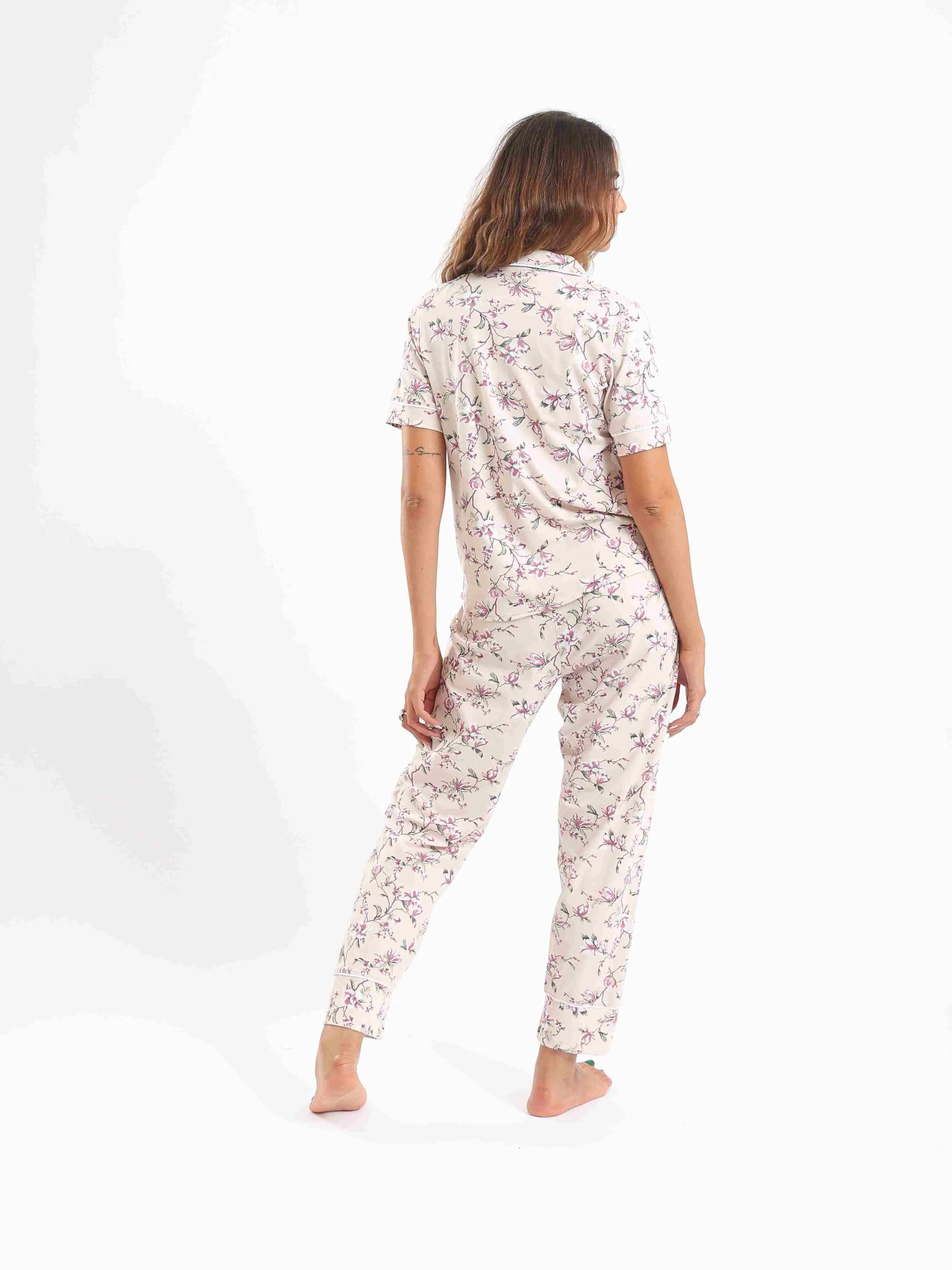 Women's Classic Collar Floral Short Sleeves Pajama Set - Rose & Purple