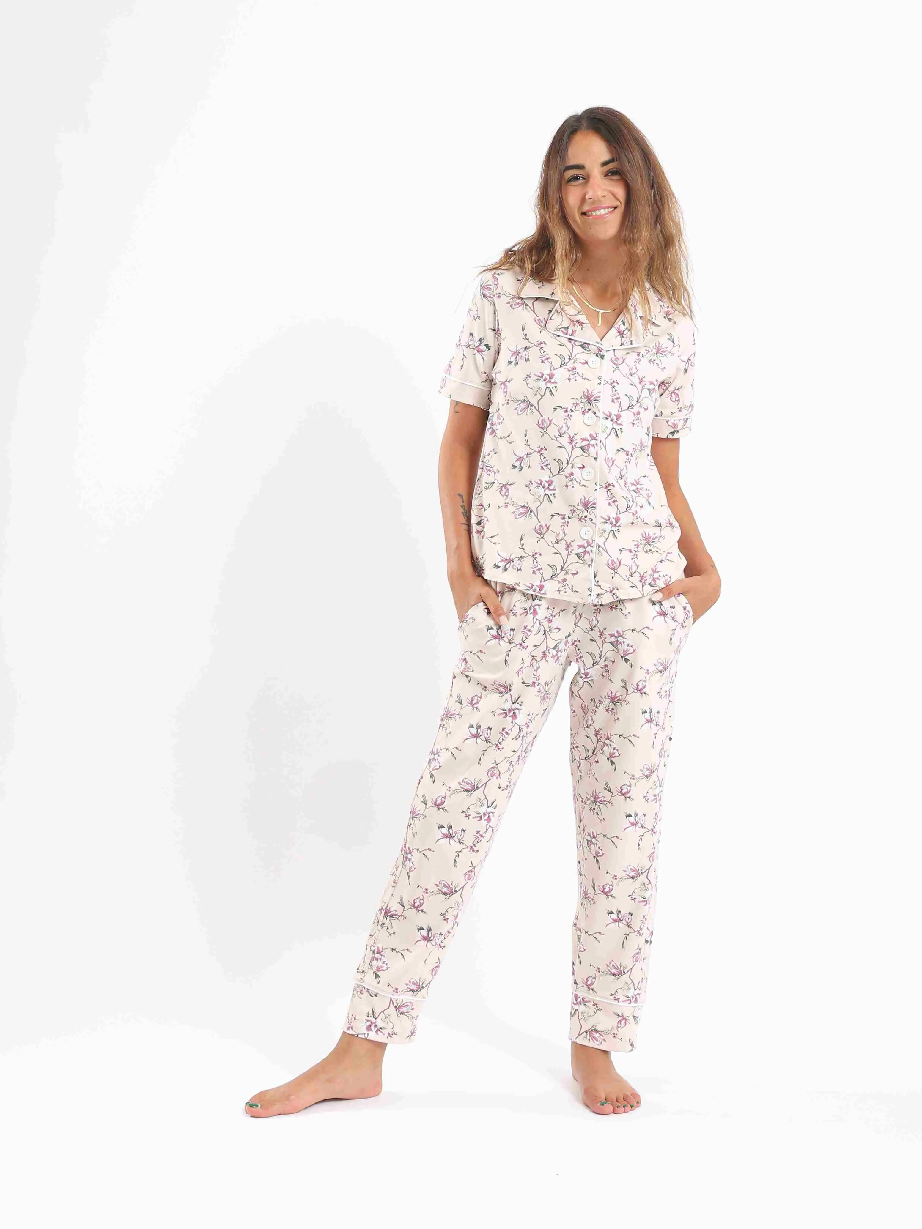 Women's Classic Collar Floral Short Sleeves Pajama Set - Rose & Purple