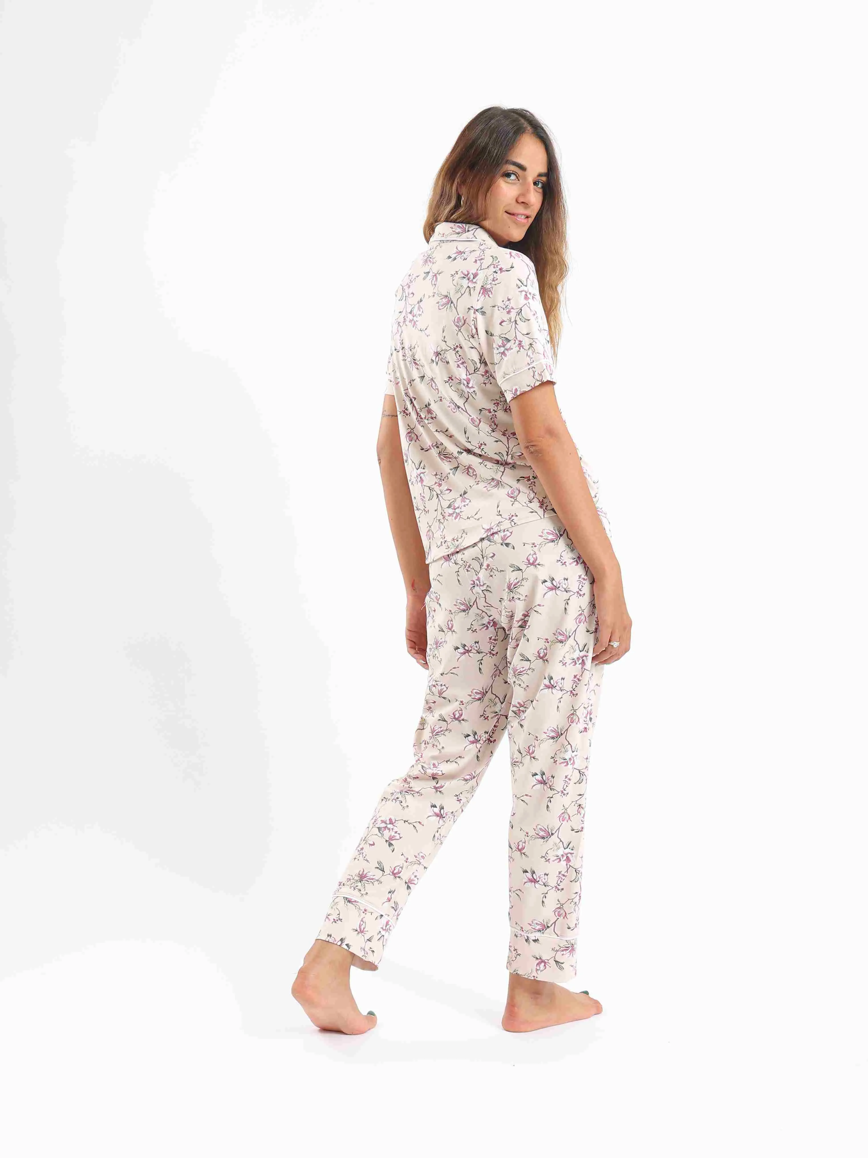 Women's Classic Collar Floral Short Sleeves Pajama Set - Rose & Purple