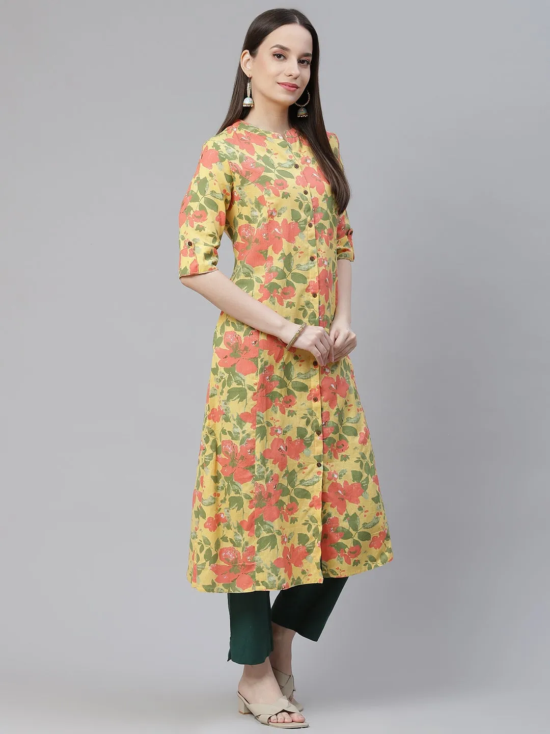 Women'S Floral Print Yellow Cotton Flex Kurta