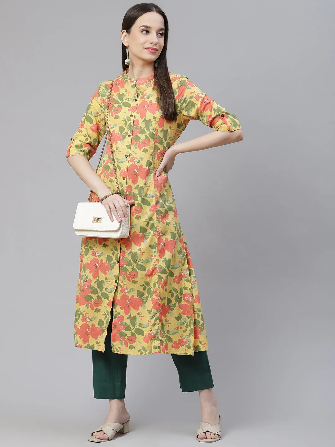 Women'S Floral Print Yellow Cotton Flex Kurta