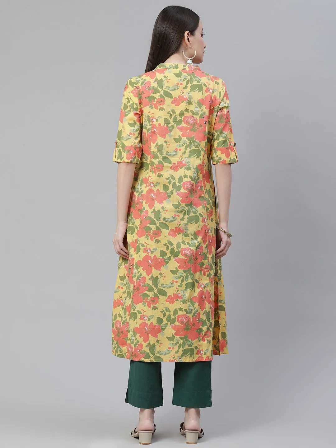 Women'S Floral Print Yellow Cotton Flex Kurta