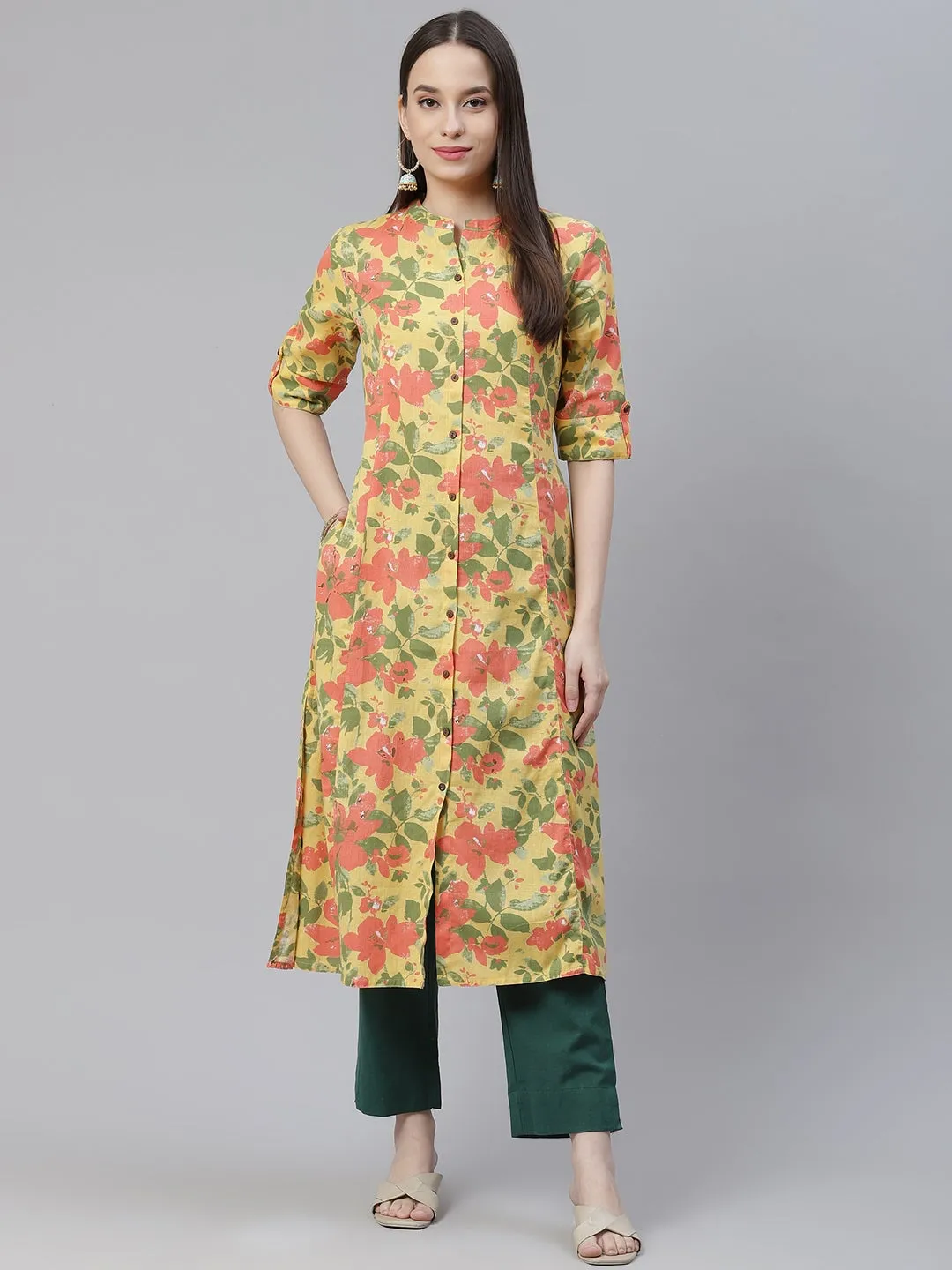 Women'S Floral Print Yellow Cotton Flex Kurta