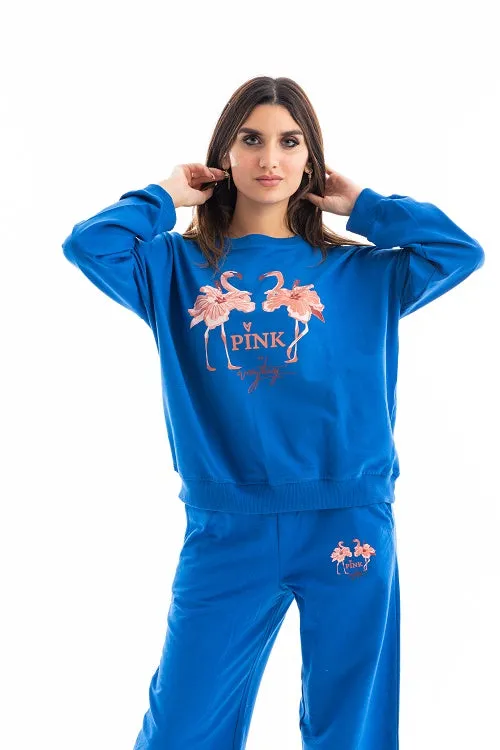 Women's Floral Printed Sweatshirt and Pants Loungewear Set - Blue