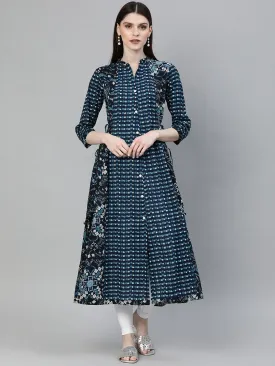 Women'S Navy Blue Printed A- Line Kurta Plus Size