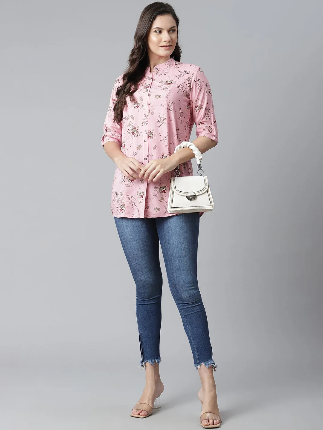 Women'S Pink Leaf Rayon Print Top