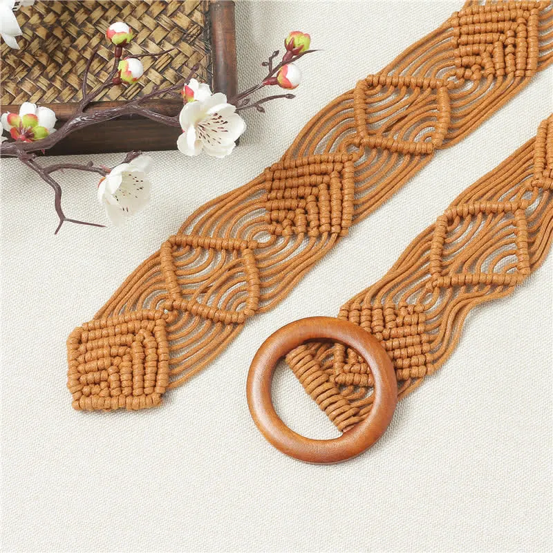 Women's Retro Braided Decorative Beads Wooden Buckle Belt