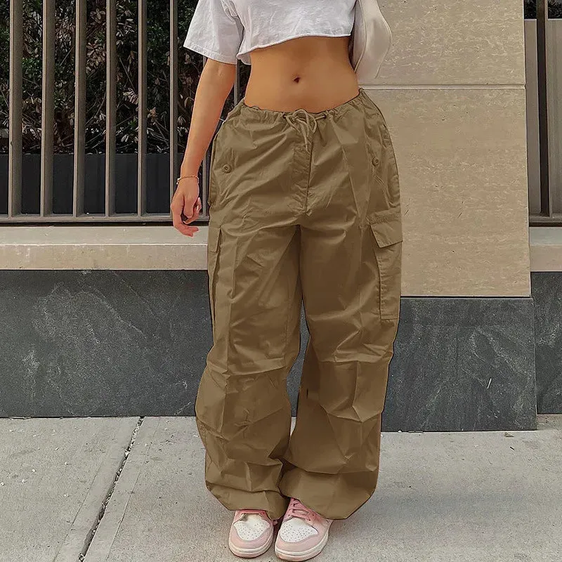 Y2K Low Waist Parachute Cargo Pants - Women's Loose Fit, Solid Pattern, Polyester Material