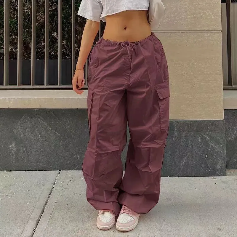 Y2K Low Waist Parachute Cargo Pants - Women's Loose Fit, Solid Pattern, Polyester Material