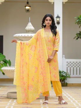 Yellow Ethnic Motif Printed Cotton Kurta Pant With Dupatta Set With Sequins & Lace