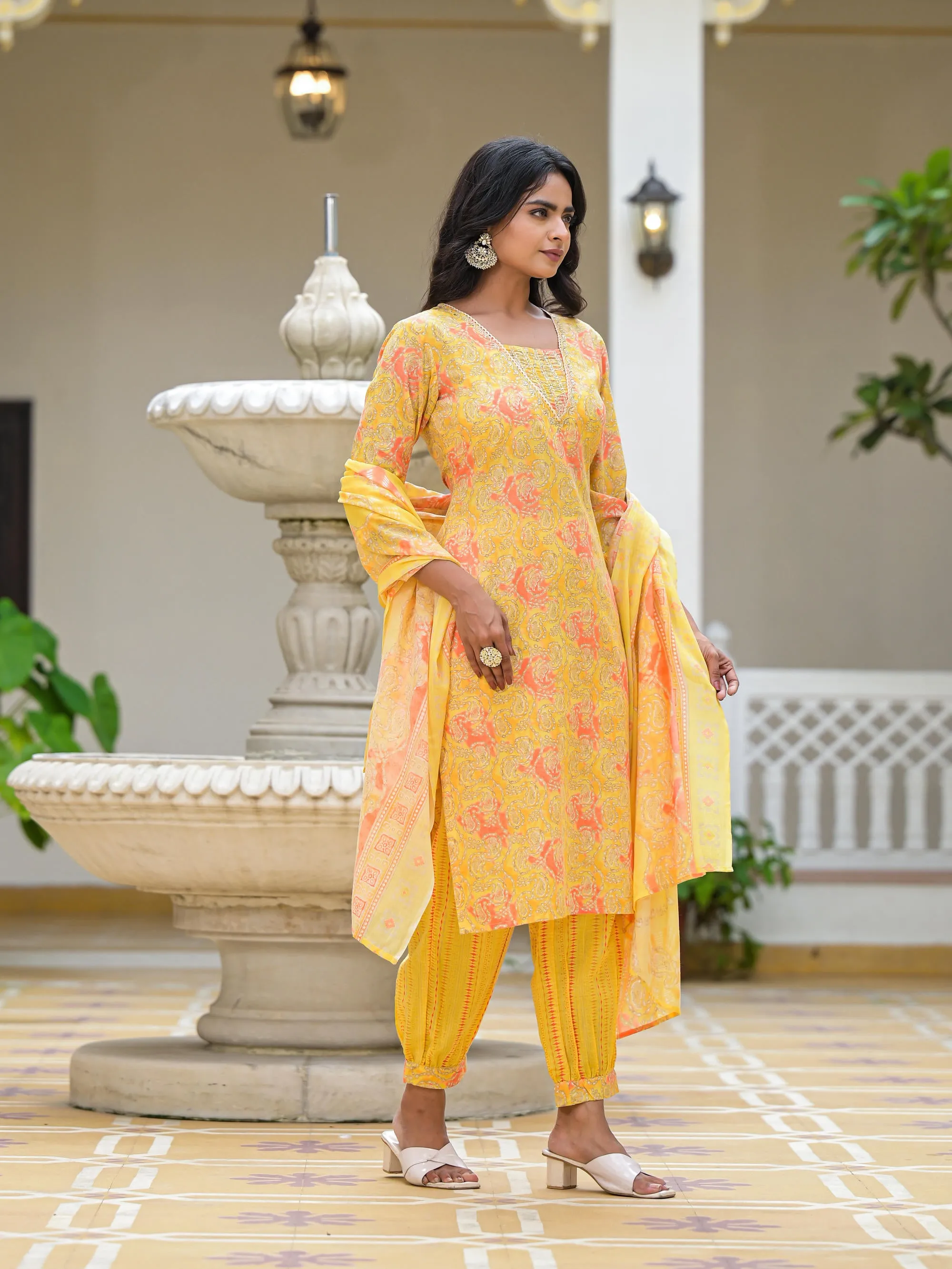 Yellow Ethnic Motif Printed Cotton Kurta Pant With Dupatta Set With Sequins & Lace