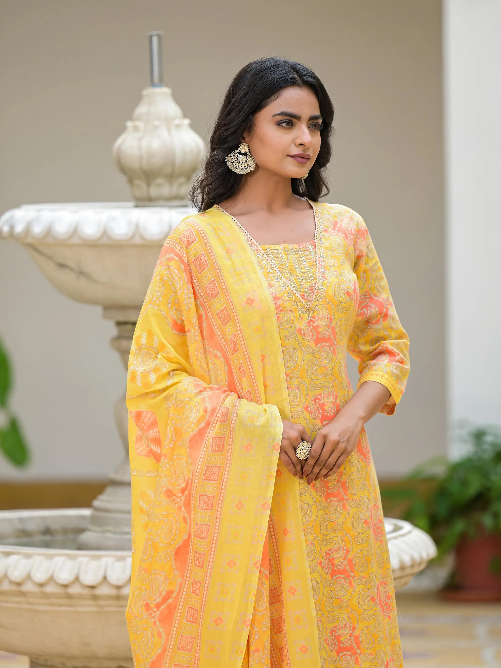 Yellow Ethnic Motif Printed Cotton Kurta Pant With Dupatta Set With Sequins & Lace