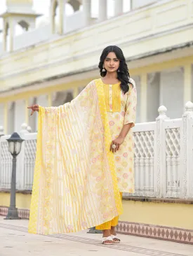 Yellow Floral Printed Cotton Kurta Pant With Dupatta Set With Sequins & Thread Work