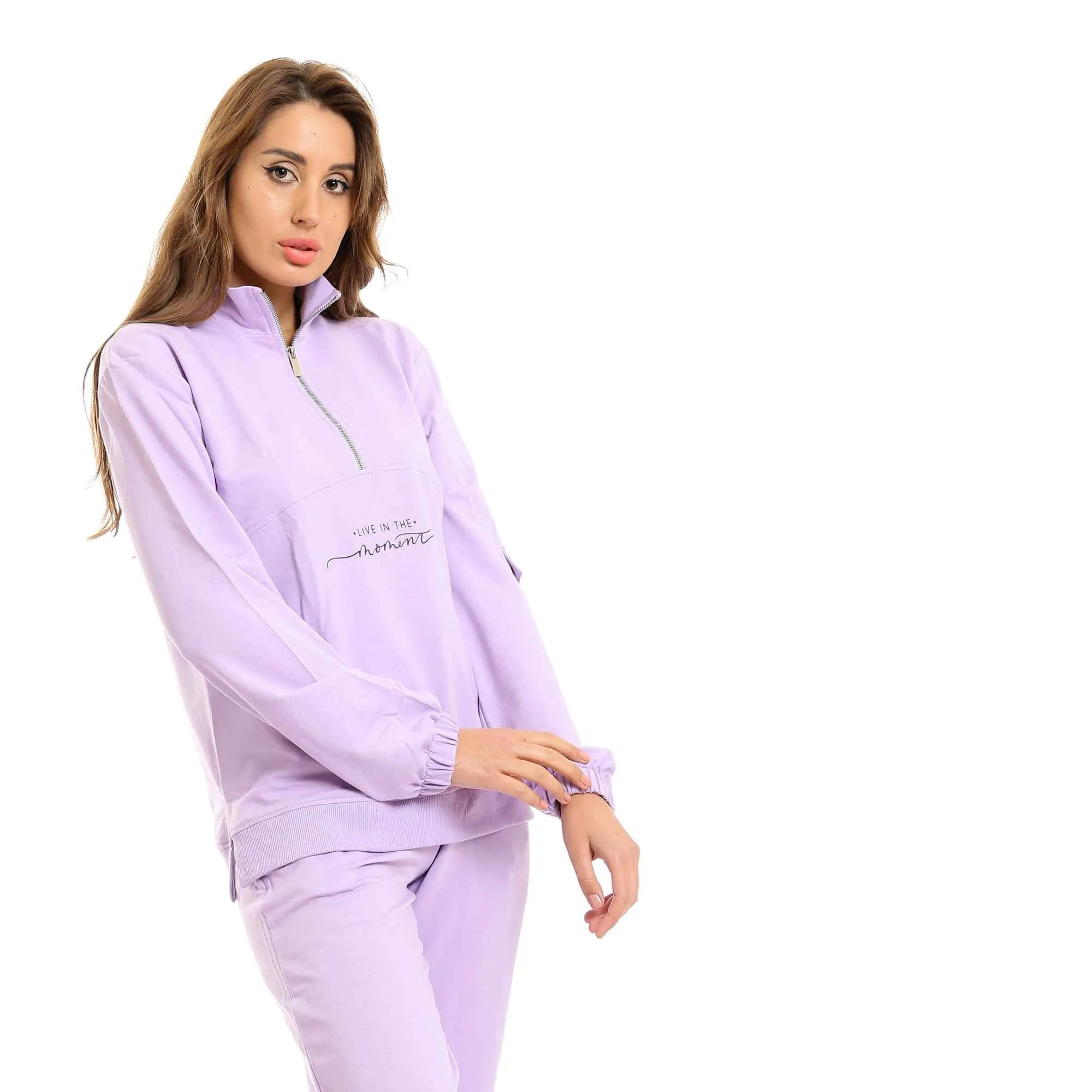 Zipped Neck Sweatshirt & Cotton Pants Pajama Set - Mauve