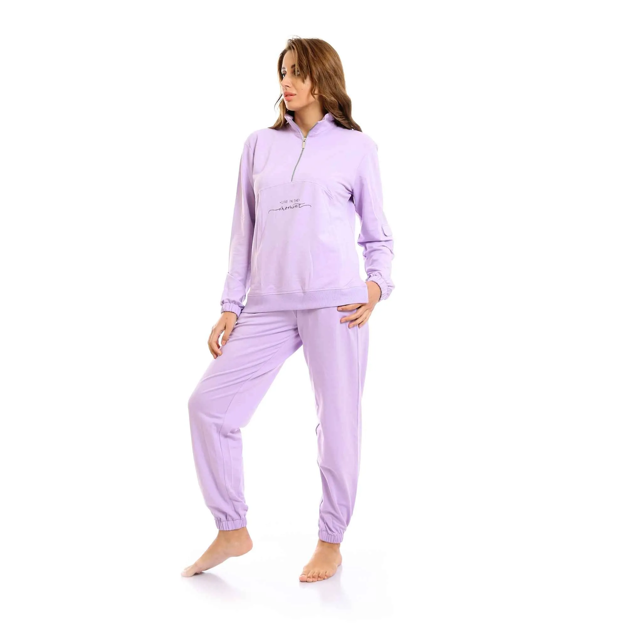 Zipped Neck Sweatshirt & Cotton Pants Pajama Set - Mauve